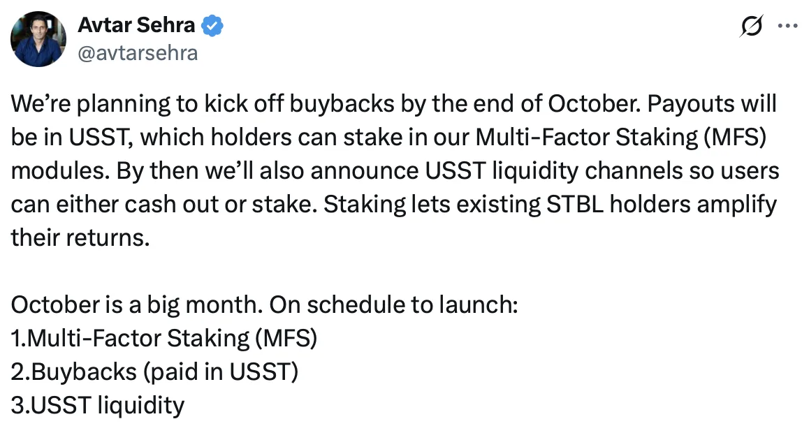 STBL запускает байбэк и стейкинг USST для роста экосистемы.