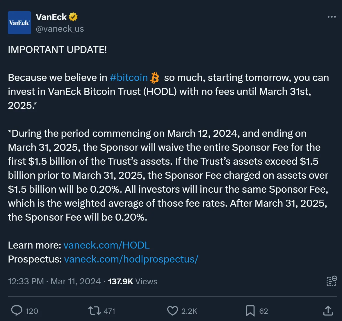 VanEck отменила комиссии за торговлю Bitcoin ETF до 31 марта.