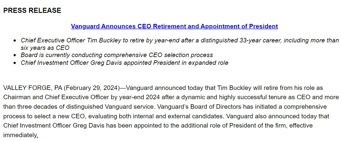 Тим Бакли уйдет с поста главы Vanguard Group в этом году.