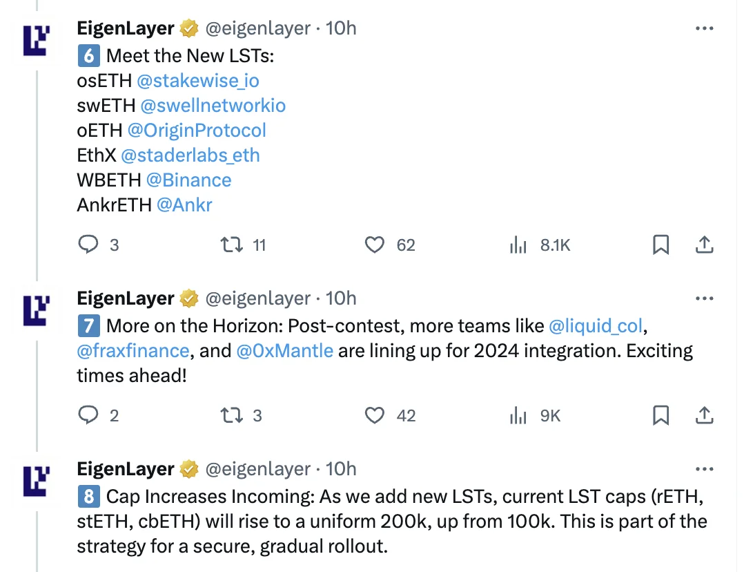 EigenLayer планирует добавить 6 новых LST для стейкинга и увеличить размер существующих пулов ETH