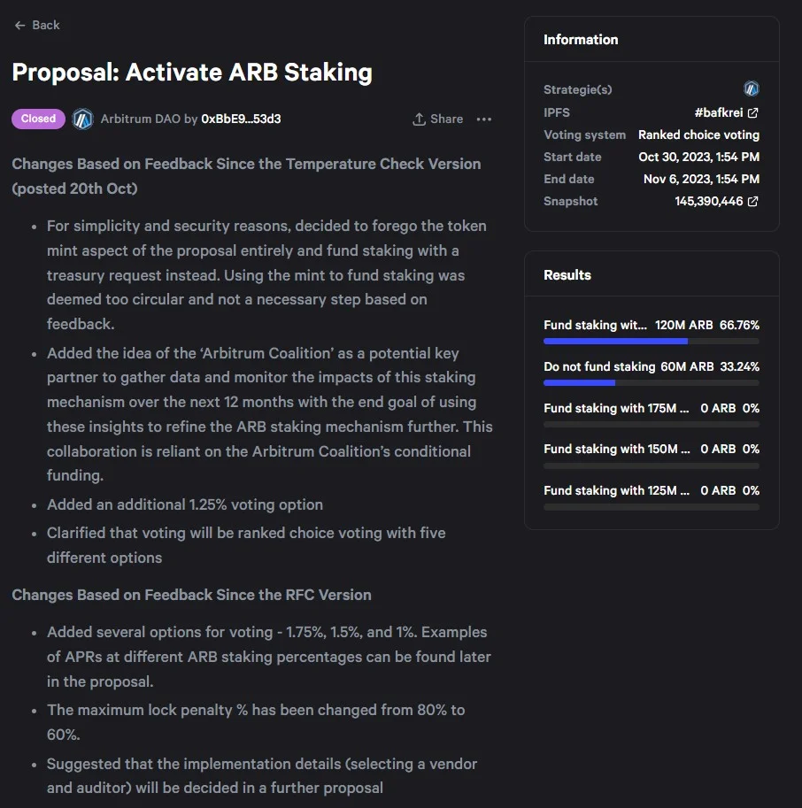 ARbitrum DAO проголосовало за активацию стейкинга токенов ARB