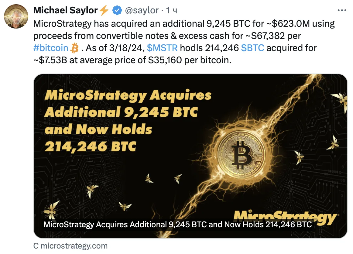 MicroStrategy приобрела 9245 BTC, удерживает 214246 BTC, средняя цена $35160.