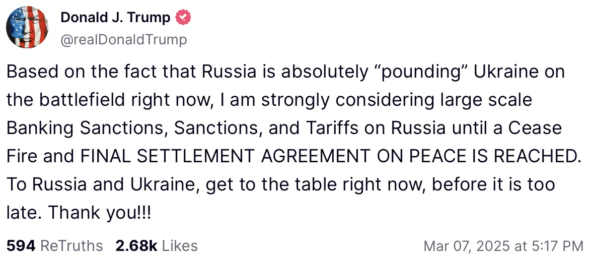 Трамп рассматривает санкции против России для прекращения конфликта в Украине.