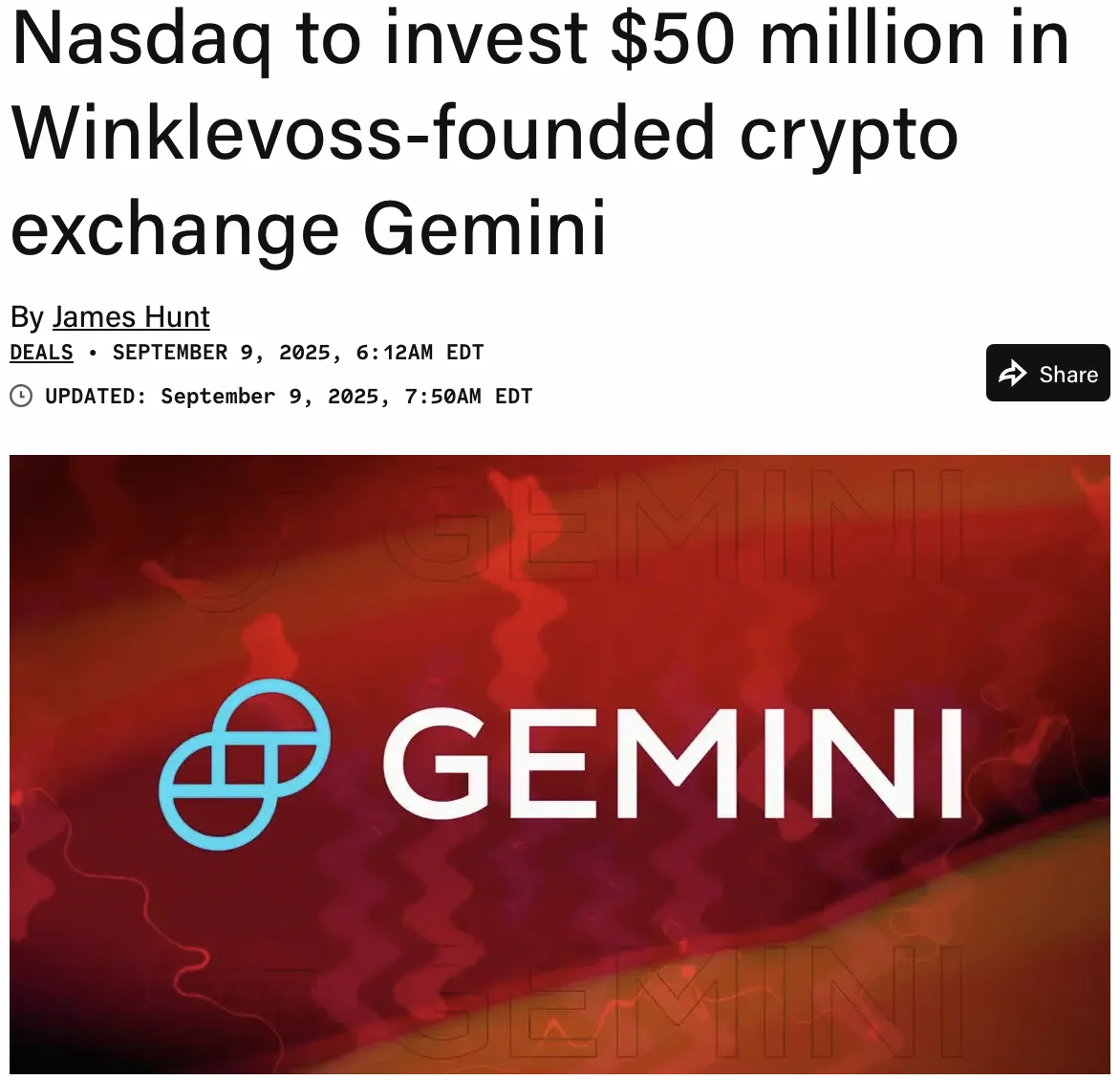 Nasdaq инвестировала 50 миллионов долларов в криптобиржу Gemini.