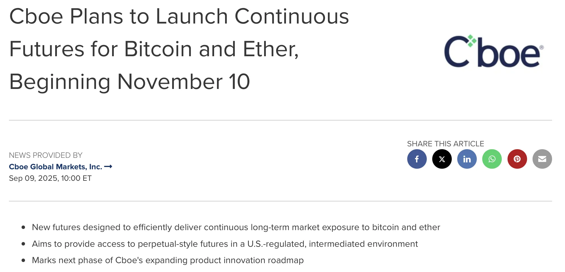 Cboe планирует запустить бессрочные фьючерсы на BTC и ETH.