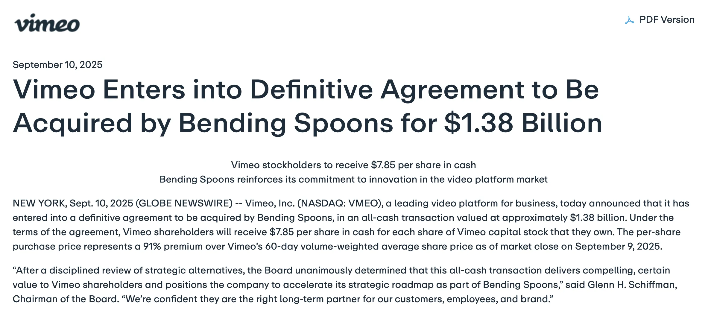 Bending Spoons купила Vimeo за $1,38 млрд для развития платформы.