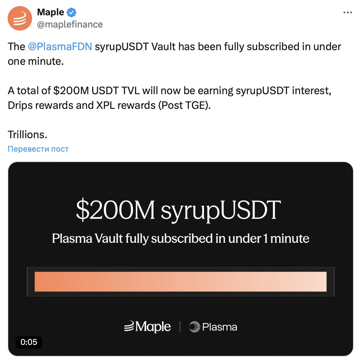 Пул Plasma и Maple Finance заполнился за минуту инвесторами.