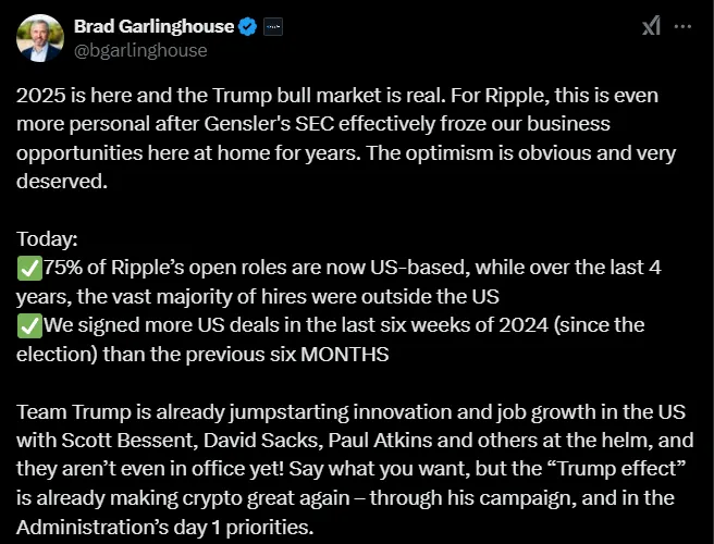Ripple утверждает, что 2025 год принес бычий рынок Трампа.